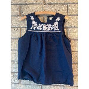 J. Crew Navy Blue Sleeveless Embroidered Linen-Cotton Blend Top Size 8